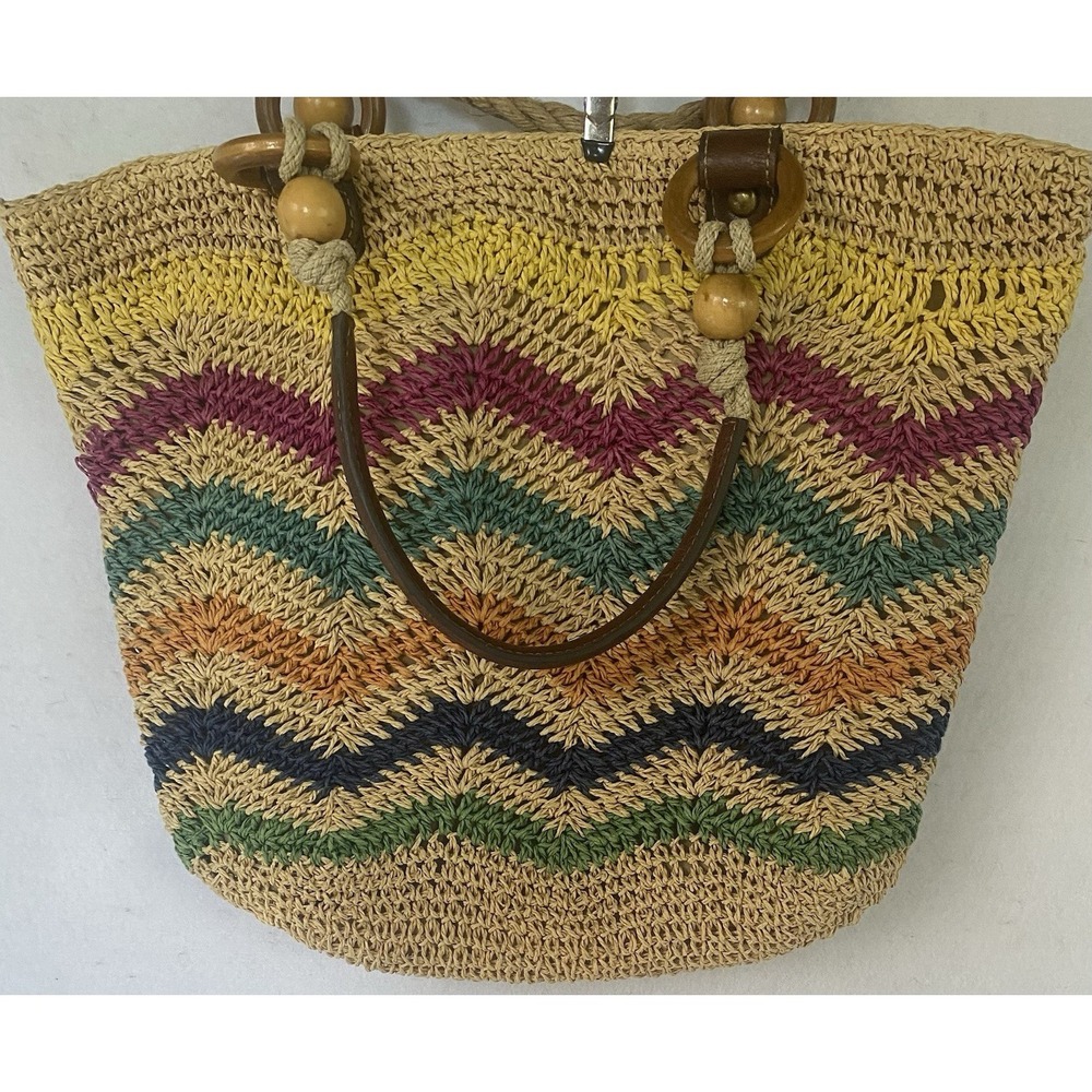 Fossil Long Live Vintage 1954 Raffia Straw Tote Bag Purse Leather Straps Boho